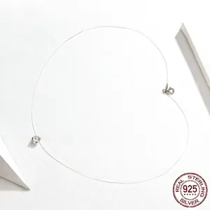 Minimalist 925 sterling silver invisible fish line necklace with round zirconia pendant
