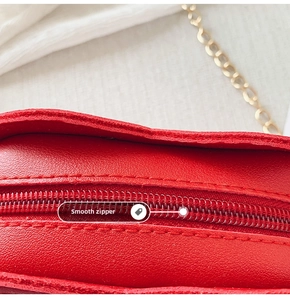 Detailed close-up of smooth metal zipper and gold chain on red pebble leather kid handbag