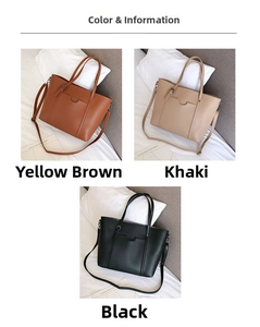 Detailed color options of women's tote bag in yellow brown, khaki, and black PU leather