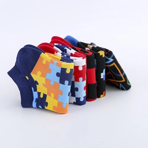 Pack of 5 cotton ankle socks for men featuring colorful puzzle and geometric patterns