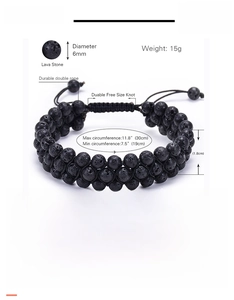 Detailed view of handmade triple-layer 6mm lava stone bracelet with adjustable cord
