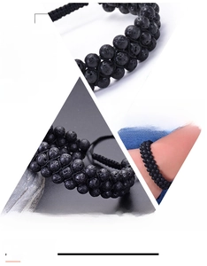 Detail of triple-layer lava stone bead bracelet showing porous texture and woven design