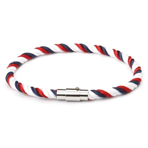 Braided nylon rope bracelet in red white and blue with silver magnetic clasp closure