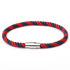 Braided rope couple bracelet with red and blue cord and silver magnetic buckle