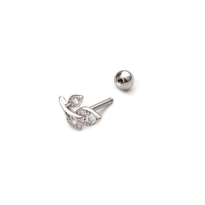 Detailed view of silver leaf ear stud with clear zirconia and secure screw ball back