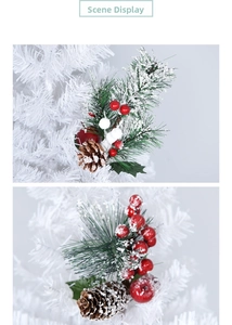 Detail of Christmas pick with artificial pine needles, red berries and snow-dusted pinecones