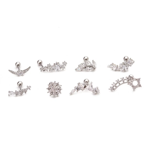 Set of 8 stainless steel cartilage earrings featuring star, moon, and floral zircon designs