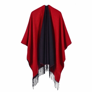 Red and black dual-color reversible poncho shawl with fringe tassels for women