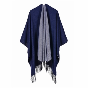 Navy and grey reversible shawl with black tassels, warm winter poncho for women