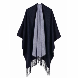 Women's two-tone black and grey knit shawl cape with fringe detail for autumn and winter