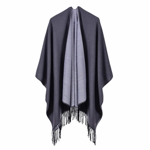 Women's dual-tone grey street style oversized scarf with fringe details and warm cape design