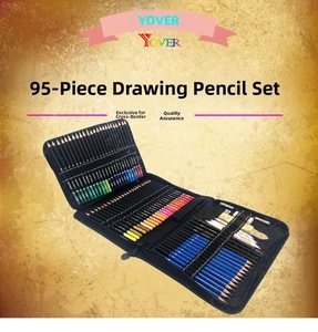 95-piece professional drawing set with pencils and tools in a black zipper storage case