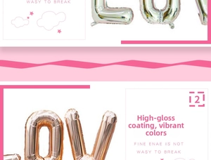 Vue macro de la texture des ballons LOVE en aluminium doré champagne et argent brillant