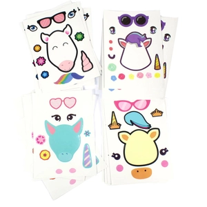 Macro shot of colorful DIY unicorn sticker set with various horns and floral accessories