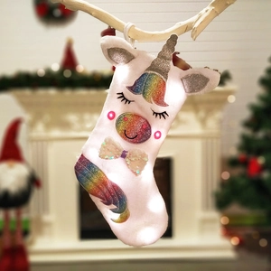 Unicorn Christmas Stocking White Plush Rainbow Sequin LED Light Up Hanging Gift Bag Holiday Fireplace Decoration