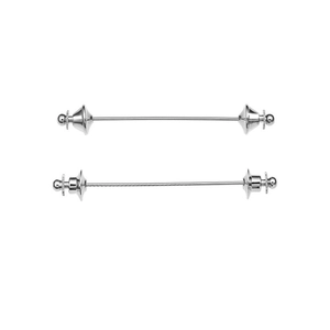 Detail of silver metal collar pins with chains and minimalist tassel design