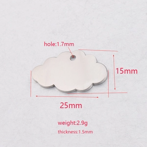Polished silver stainless steel cloud pendant with dimensions and weight specifications