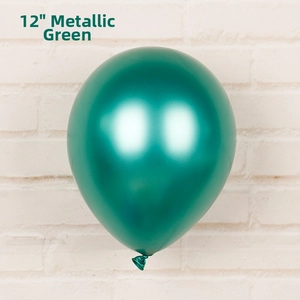 Detail of a 12-inch metallic green latex balloon for happy birthday party decorations