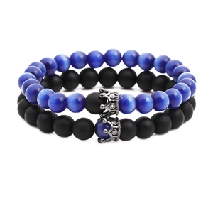 Crown Charm Cat Eye Stone Matte Black Beaded Bracelet For Couples Elastic Fashion Jewelry Gift