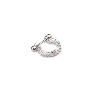 Detailed view of silver helix earring with pavé-set zircons and screw ball fastener