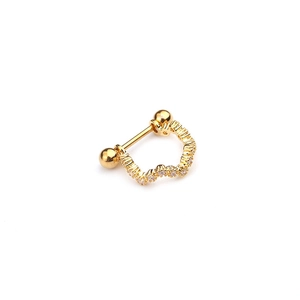 Gold wave cartilage piercing earring with micro-paved zircons and screw ball back