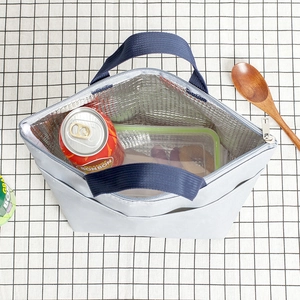 Thickened gray insulated lunch bag with aluminum foil lining and blue handles shown from above