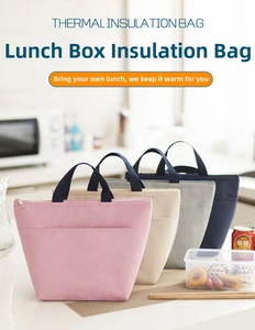 Detail view of four thermal insulated lunch bags in pink beige grey and navy blue
