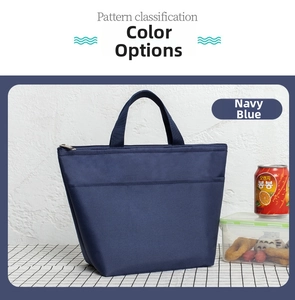 Detail of navy blue thickened oxford cloth lunch bag with zipper on checkered tablecloth