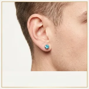 Lake blue crystal stud earrings in polished stainless steel worn by a male model
