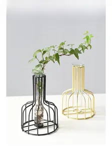Détail de cadres métalliques minimalistes noir et doré avec vases en tube de verre