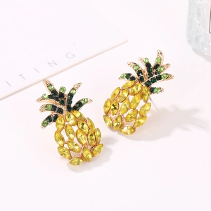 Tropical pineapple stud earrings with yellow marquise stones and green crystal leaves
