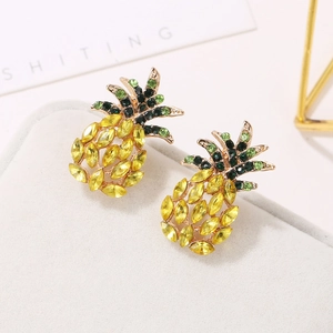 Sparkling pineapple stud earrings with yellow crystals and green rhinestones in gold