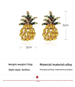 Macro shot of pineapple earrings with yellow and green crystals on rose gold alloy base