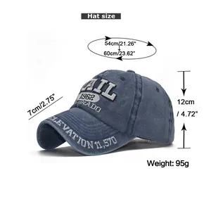 Detailed size chart for cotton baseball cap with 1962 embroidery showing dimensions