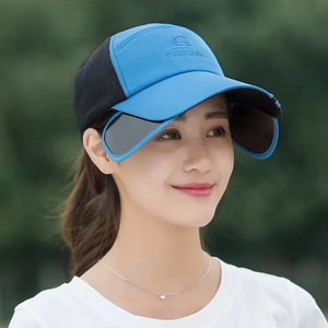 Detail of baseball cap with retractable side visors and breathable mesh for outdoor sun protection