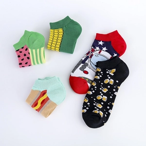 Five pairs of patterned cotton ankle socks featuring watermelon, hot dog and astronaut designs