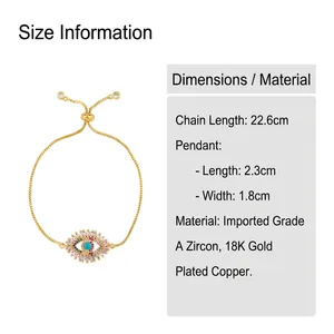 Evil eye adjustable bracelet in 18K gold plated copper with premium cubic zirconia