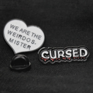 Ghost skull enamel pins with gothic text for denim jackets and gothic fashion styles