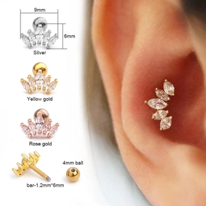Zircon crown helix stud earring in three colors with detailed size measurements and fit