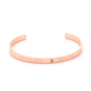 Rose gold C-shaped stainless steel cuff bracelet with Forever Love engraving and crystal