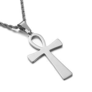 Silver Ankh cross pendant necklace with a twisted rope chain on a clean white background