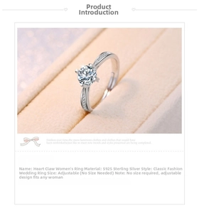 Detail of S925 sterling silver adjustable ring with four-prong setting and side accents