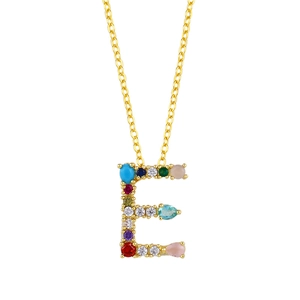 Colorful zircon letter E pendant necklace with gold plated chain for women