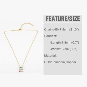Detail view of gold letter E pendant with multi-color cubic zirconia and dimensions