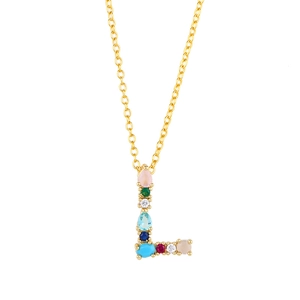 Golden letter L necklace with colorful zircons and drop-shaped rainbow gemstones