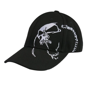 Black street style baseball cap with white skull skeleton embroidery and curved brim