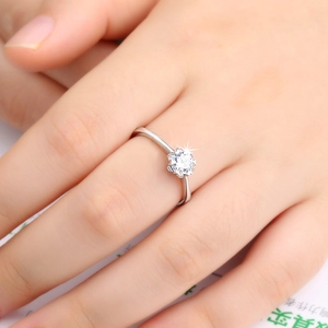 Close-up of a silver ring with six-prong setting and round brilliant cut cubic zirconia