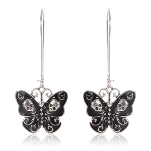 Gothic butterfly skull dangle earrings with black enamel and vintage silver finish
