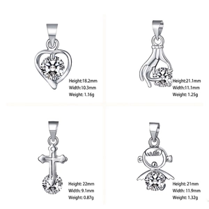 Silver geometric heart and cross zircon pendants with precise size measurements
