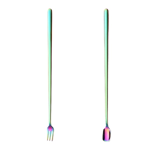 Rainbow gradient 304 stainless steel long handle spoon and fork set for cocktails